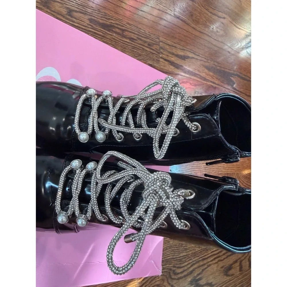 36. GB Girls Black Patent Rhinestone Lace Up Combat Boots Pearl Accents Size 13M